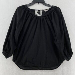Everlane Tops Women's Sz 0 Black Ruched Tie Boatneck 3/4 Puff Sleeves Curved Hem